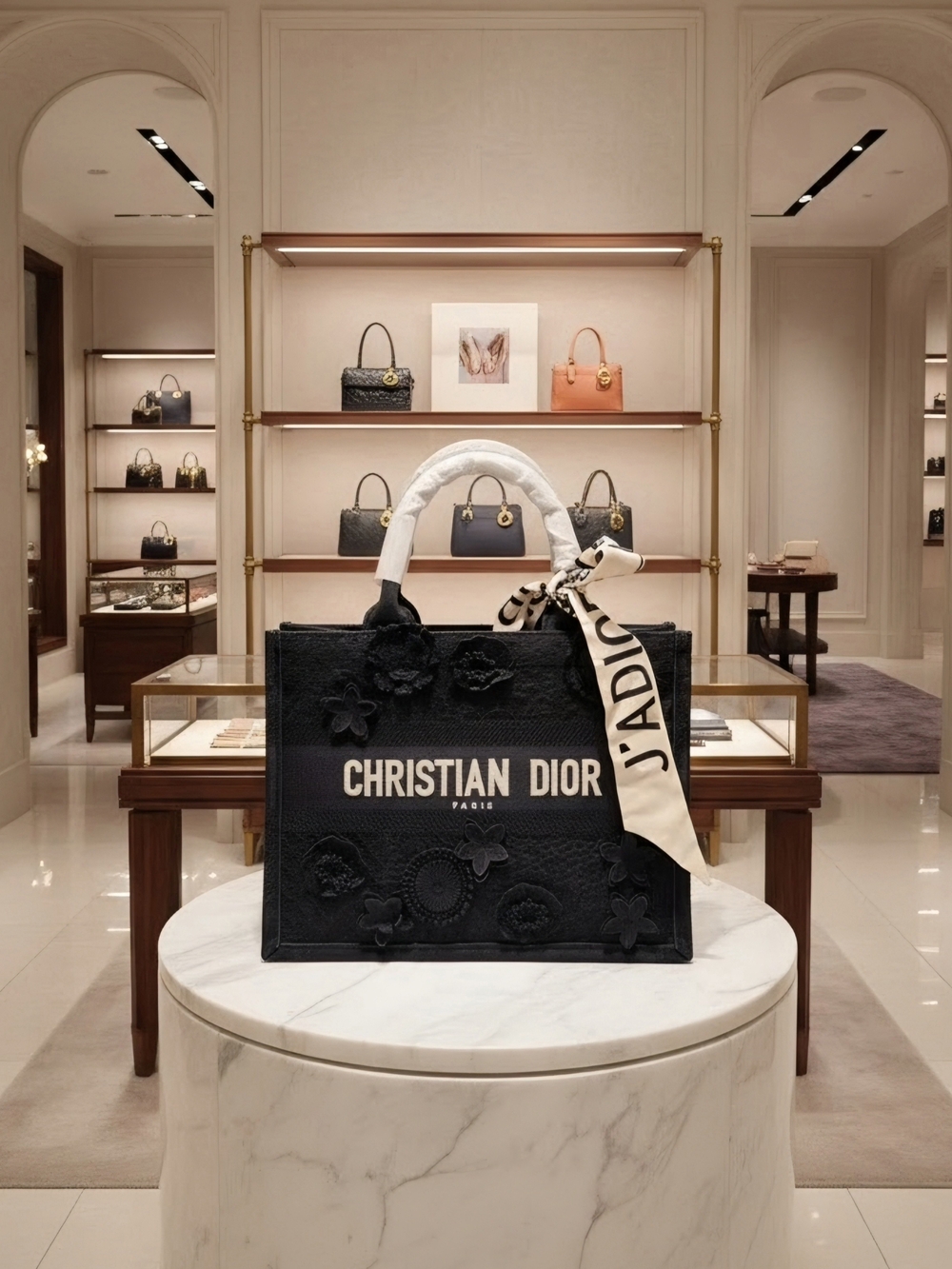 Dior Black Book Tote with Cream J'Adior Scarf Accent